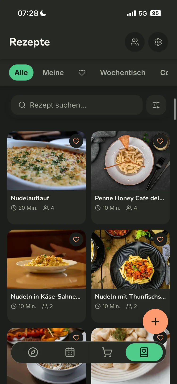 Wochentisch Rezepte-Ansicht: eigene Rezepte als Foto-Kacheln verwalten, Filter für Alle, Meine, Wochentisch und Community
