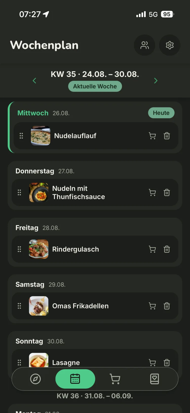 Wochentisch Wochenplan fürs Essen: Rezepte den Wochentagen zugewiesen, aktueller Tag hervorgehoben